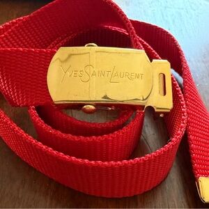 Vintage Yves Saint Laurent Red Nylon Web Belt with Solid Brass Logo Buckle